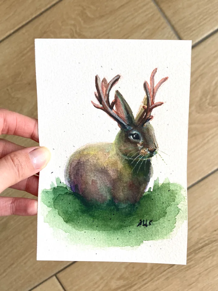 Jackalope Painting Original Watercolor Painting Gift Small Whimsical Rabbit Art Cryptid Illustration 4x6