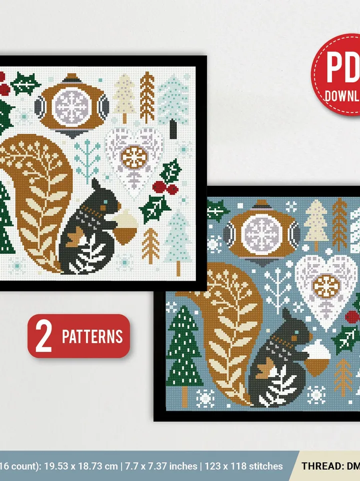 Scandinavian Christmas Bundle stitch pattern squirrel ornament New Year decor cross stitch pattern counted DIY embroidery instant PDF