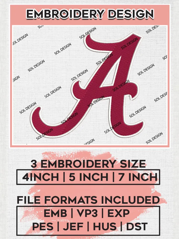 Alabama Crimson Tide Logo Machine Embroidery Design, NCAA Alabama Crimson Tide Embroidery Design Design files, NCAA Embroidery Designs, NCAA Machine Embroidery Designs, Digital Download