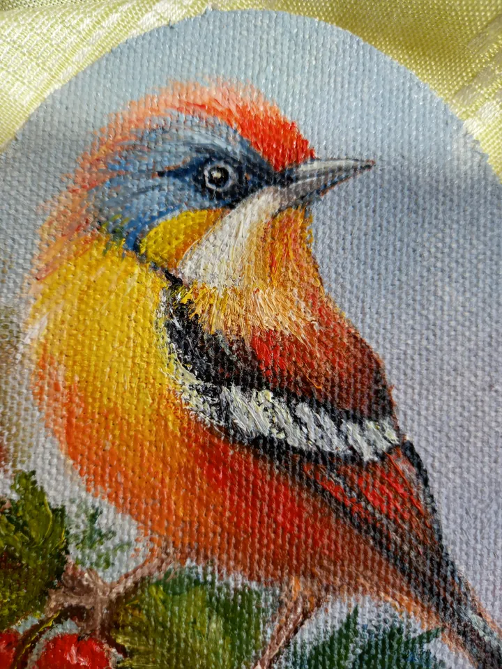 Bird original oil painting with a frame 15.5x21.5 cm