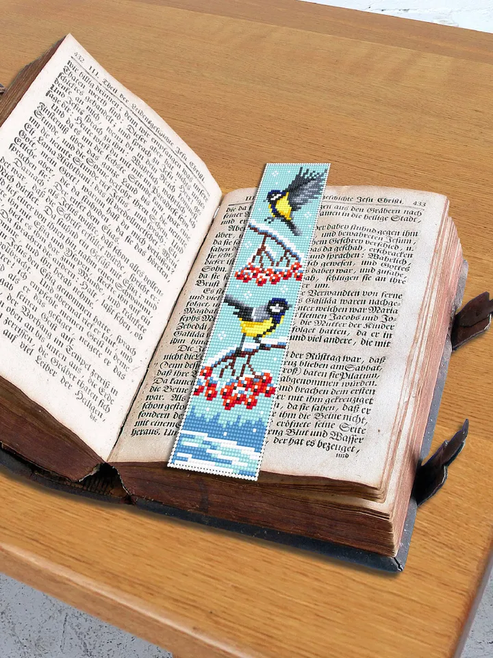 Bookmark winter birds cross stitch pattern download PDF Handmade bookmark tits embroidery beginners Winter holiday cross stitch sampler #B40
