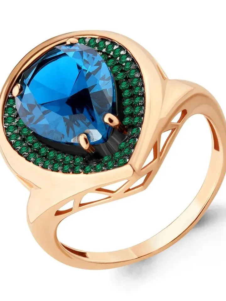 Ring silver 925, gold plated with London topaz and emeralds