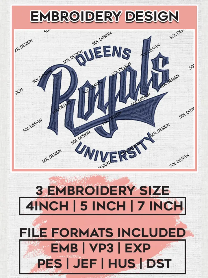 Queens University College Football Team Writing Logo embroidery designs, NCAA Queens University Royals Logo Machine embroidery files, NCAA Team Logo embroidery designs, NCAA Game Day Machine embroidery designs, Digital Download