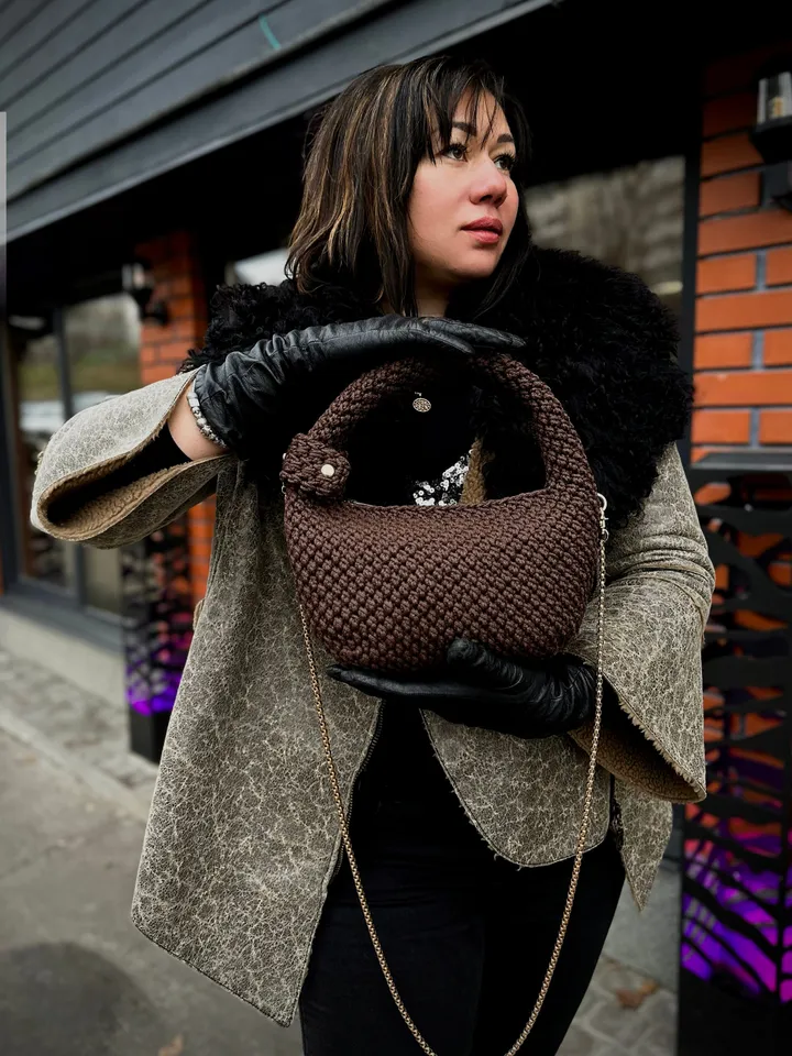 Small brown women one piece handbag, crossbody hobo, top handle, small purse, crochet clutch, shoulder bag, casual wear