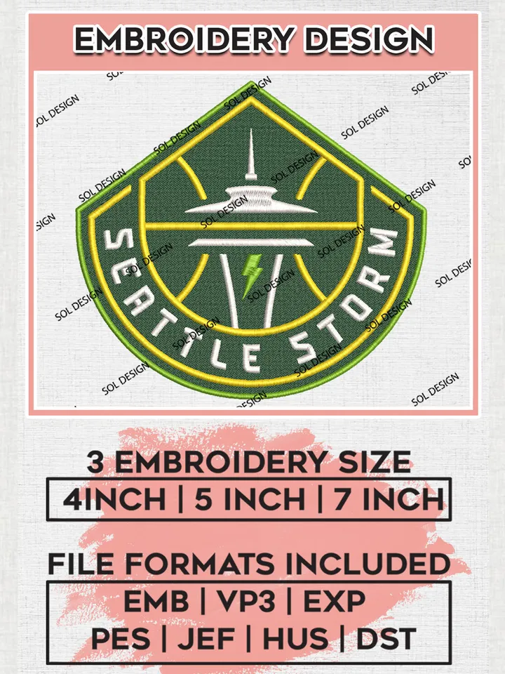 WNBA Seattle Storm Logo Embroidery Files, WNBA Seattle Storm Team Embroidery Designs, WNBA Basketball Teams, 3 sizes, Machine embroidery designs, Digital Download