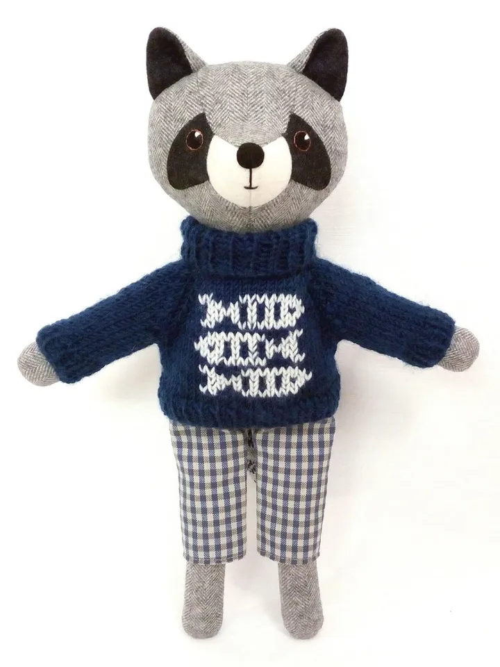 Gray raccoon boy, handmade plush raccoon toy, wool stuffed doll