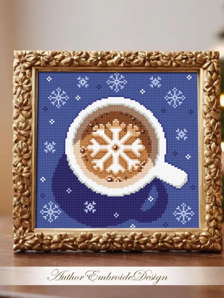 Christmas coffee cross stitch pattern PDF download Christmas cross stitch, Cup of latte cappuccino coffee with snowflake cross stitch #N148