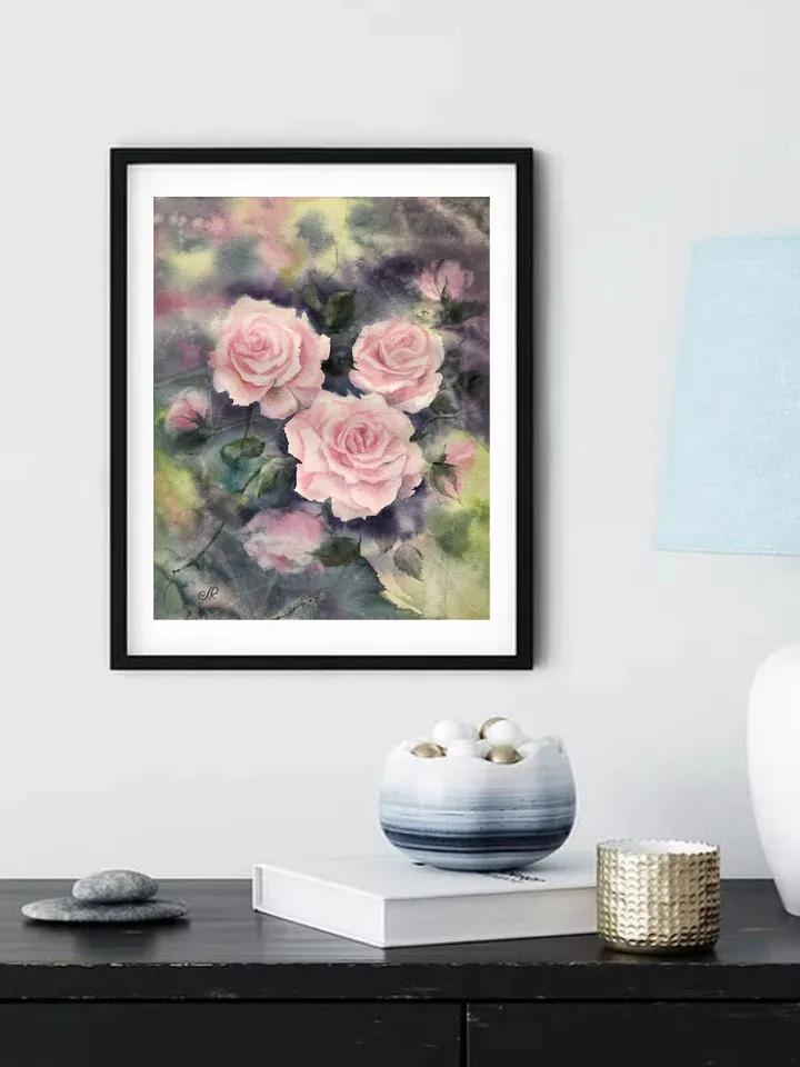 Roses Original Watercolor Painting Pink Flowers Wall Art Floral Artwork