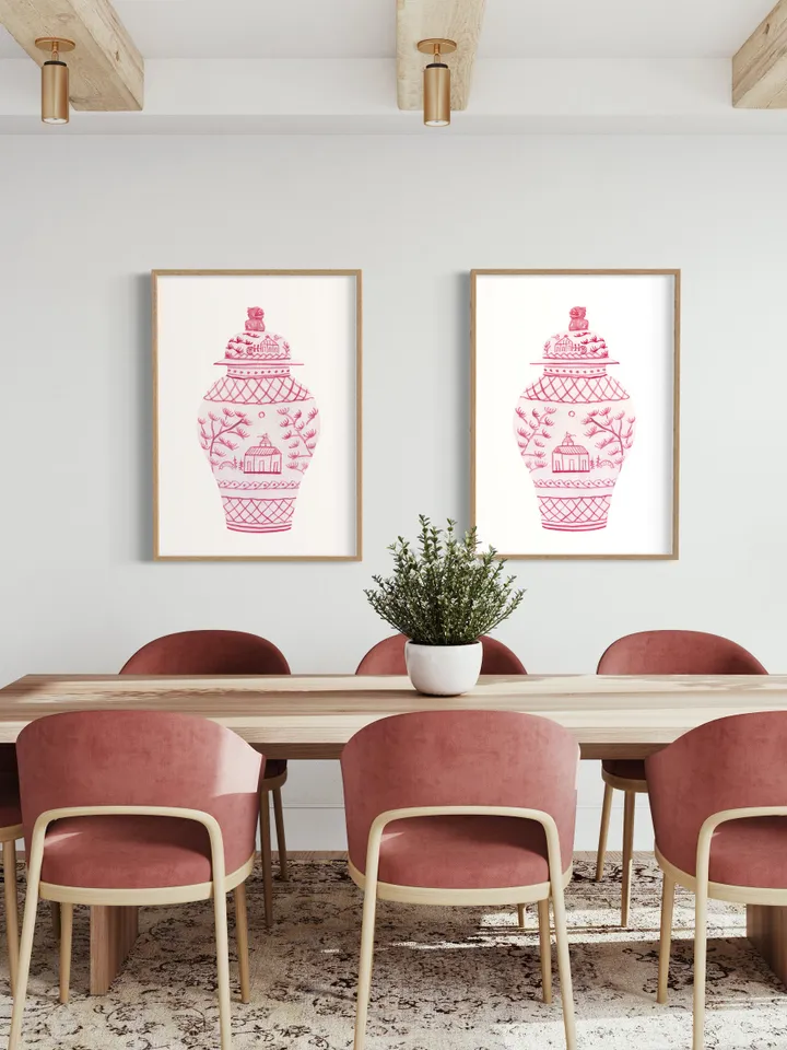 Pink Chinoiserie Set Of 2 Ginger Jar, Asian Vase Print, Dressing Room Art, Vintage Chinoiserie, Pagoda Decor Print, Chinoiserie Chic Art