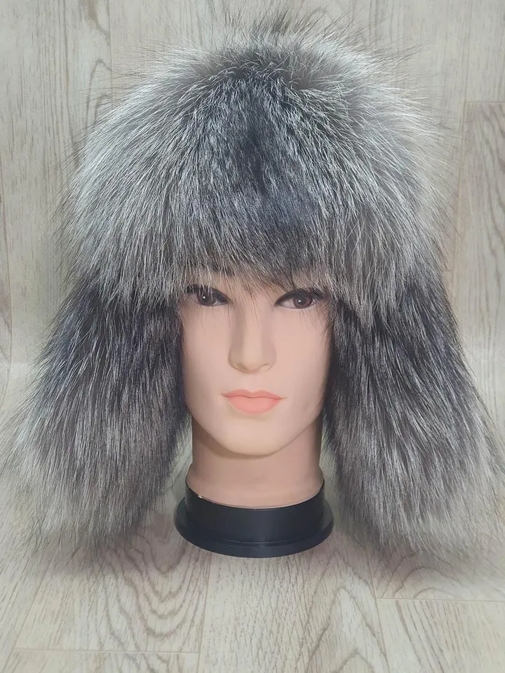 Men's silver fox hat, Winter hat for men, Genuine leather hat top, Fur hat with earflaps "Pilot". Warm men's hat