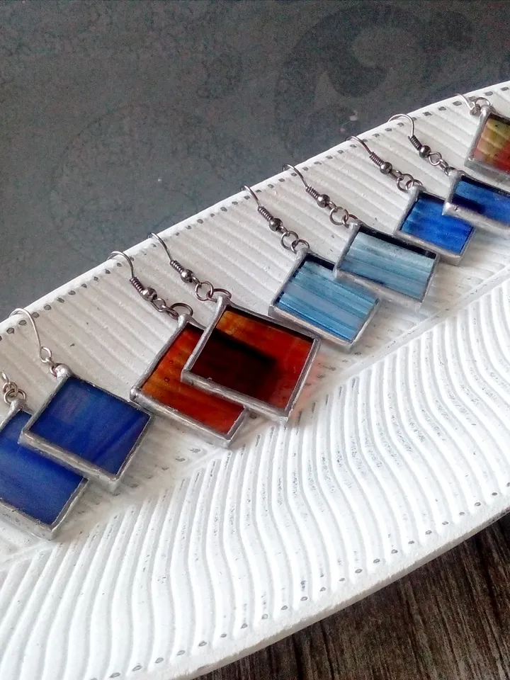 Simple stained glass, blue earrings, cute squar earrings, geomentic earrings