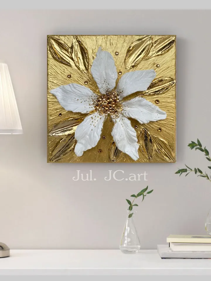 White and Gold Flower art Lily Textured artwork Floral painting by Juliya JC