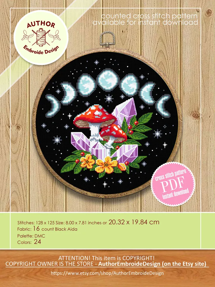 Moon phases cross stitch pattern download PDF Magic mushroom crystal cross stitch chart, Amanita mushroom cross stitch, Starry night #H52
