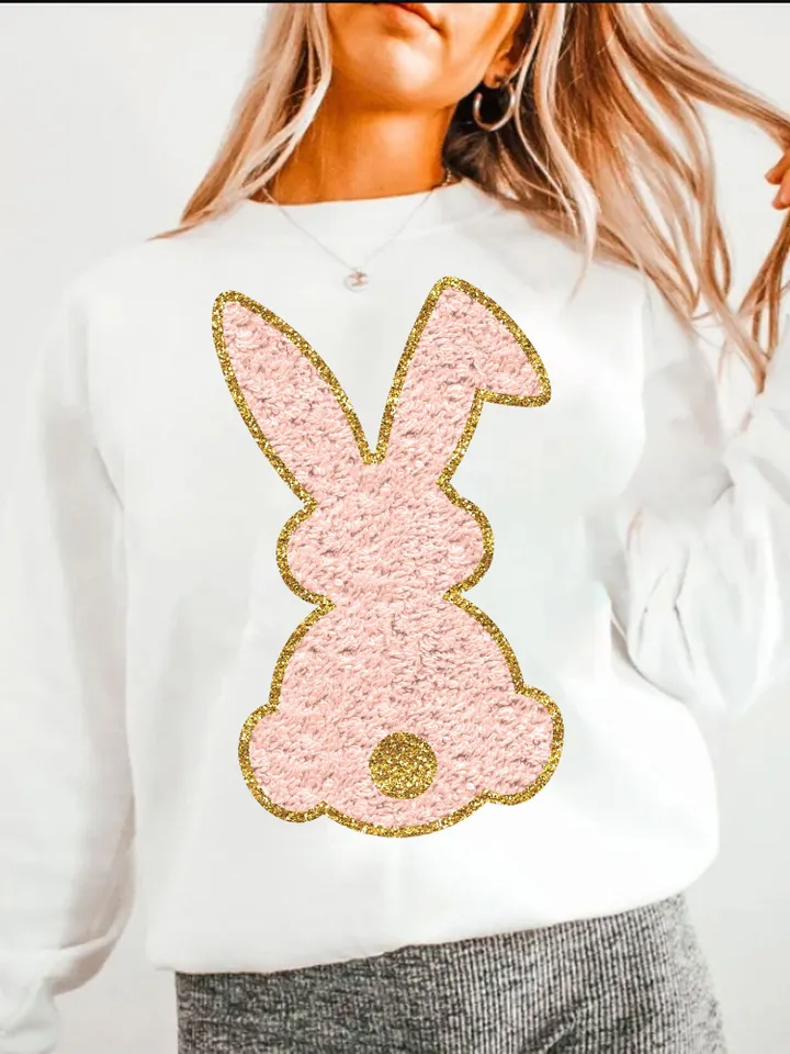 Chenille Bunny PNG White Easter Bunny PNG Faux Chenille PNG Rabbit Easter Vibes Cute Easter Shirt Design