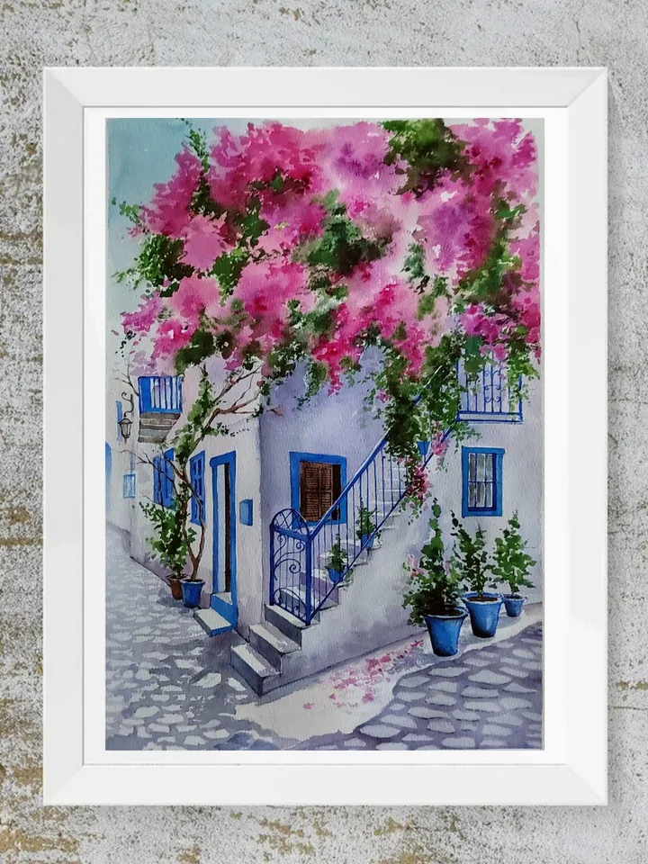 Santorini Village Painting House with Bougainvillea Artwork Santorini Landscape Art, Original Watercolor Painting 10.6x15.4 in by SoftWaves