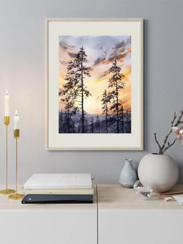 Sunset Original Painting Forest Watercolor Painting Trees Landscape Wall Art