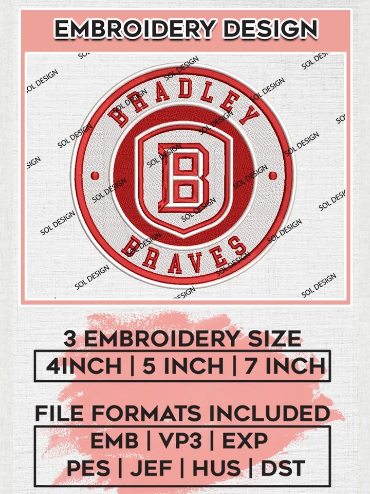 NCAA Bradley Braves Round Logo Embroidery, NCAA Bradley Braves Logo Embroidery files, NCAA Teams, Machine embroidery designs, Digital Download