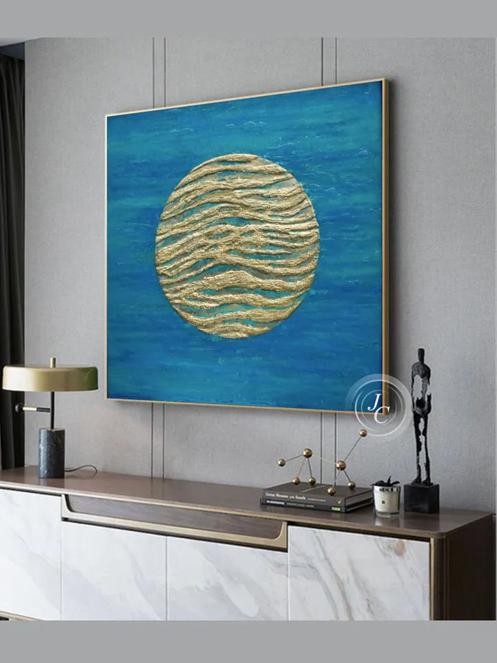 Gold Moon Painting Blue Turquoise Abstract Original Wall Art Modern artwork Glittery resin wall art