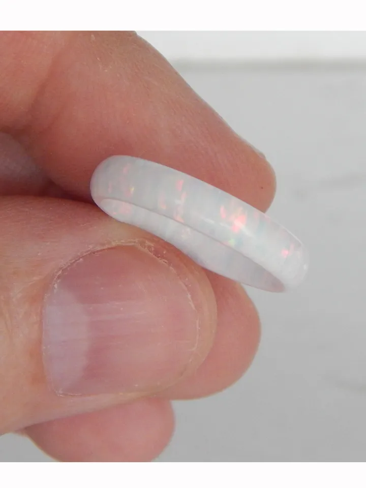 Snow ring. White opal wedding ring. Solid opal band. Synthetic opal ring.