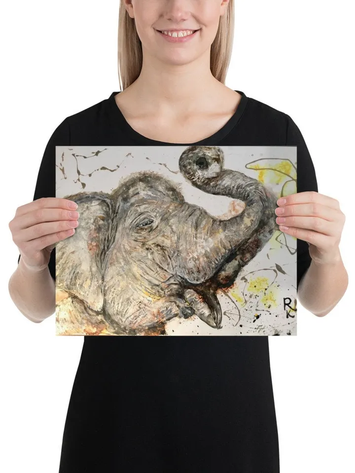 White Elephant Poster made with my original watercolour mix media painting on yupo paper,unique handmade artwork,home decoration.