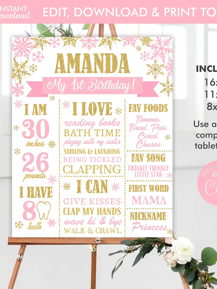 Winter Onederland 1st Birthday Sign, Winter Onederland Birthday Girl Decorations, Milestone Birthday Poster, Editable Template Digital File