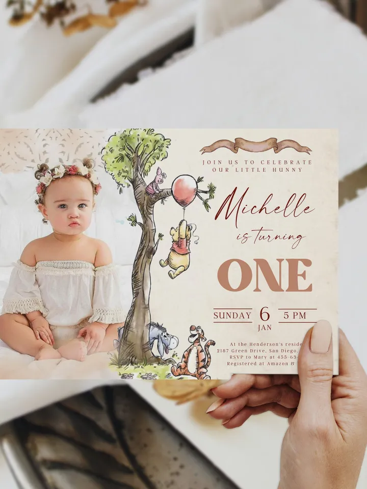 Add Photo First Birthday Invite; Winnie Pooh Baby Birthday Invitation template; Winnie the Pooh Inspired birthday party invitation editable