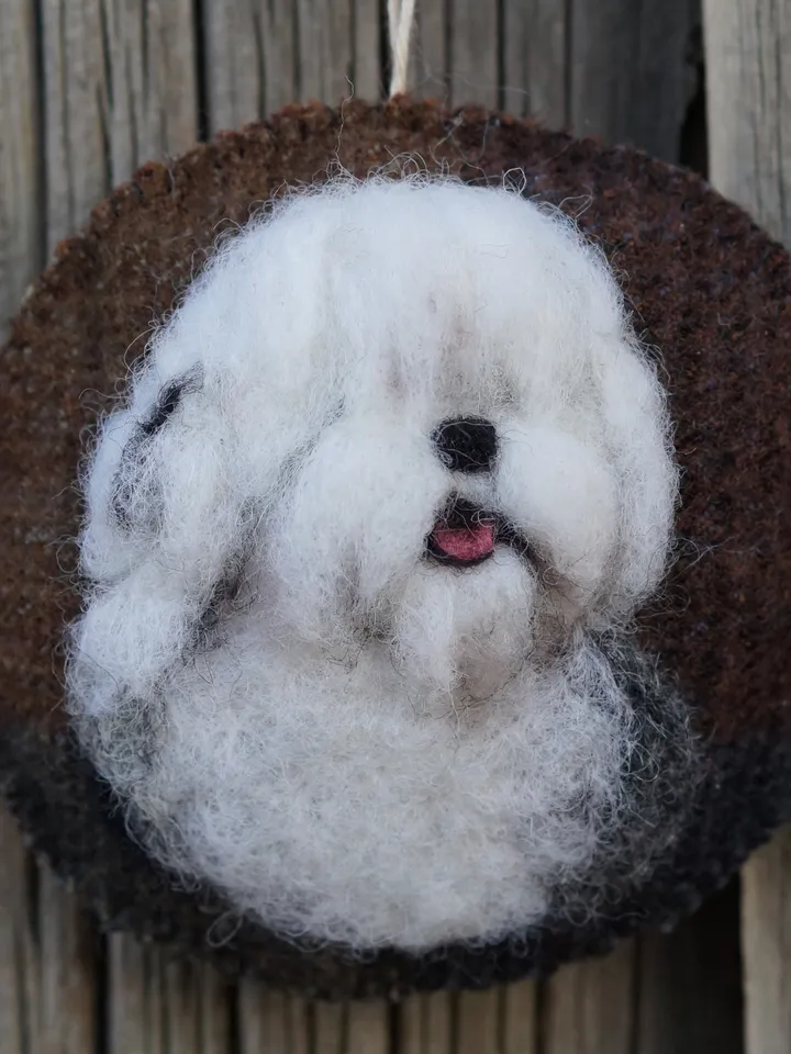 Old English sheepdog Christmas ornament, pet portrait, needle felted dog, made to order