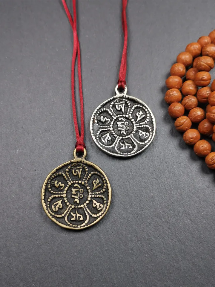 Gandhanra Handmade Tibetan Buddhist Amulet,Om Badge Pendant, Mantra of Om Mani Padme Hum, Made of Brass,1.26"