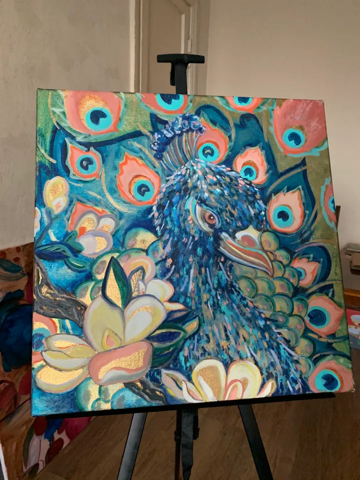 Peacock on gold original oil painting on canvas 19,6x19,6 inches