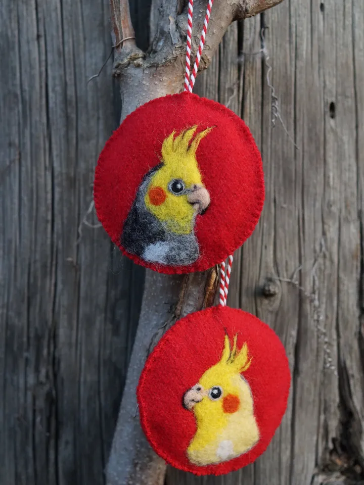 Yellow cockatiel Christmas ornament, pet portrait, made to order