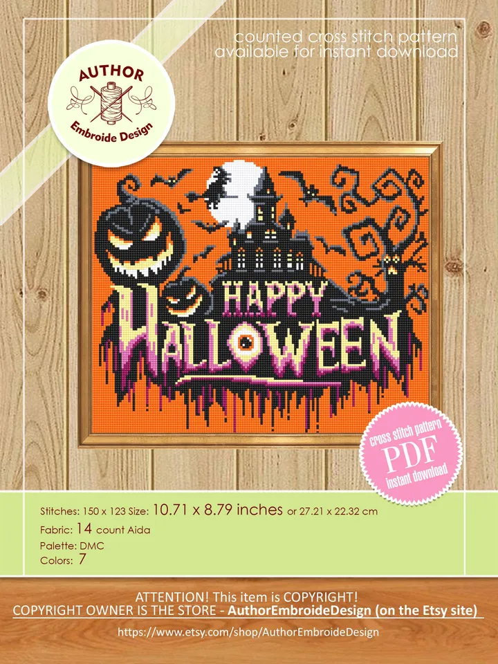 Happy halloween cross stitch pattern download PDF Halloween pumpkin cross stitch chart, Spooky pattern digital PDF, Haunted house #H82