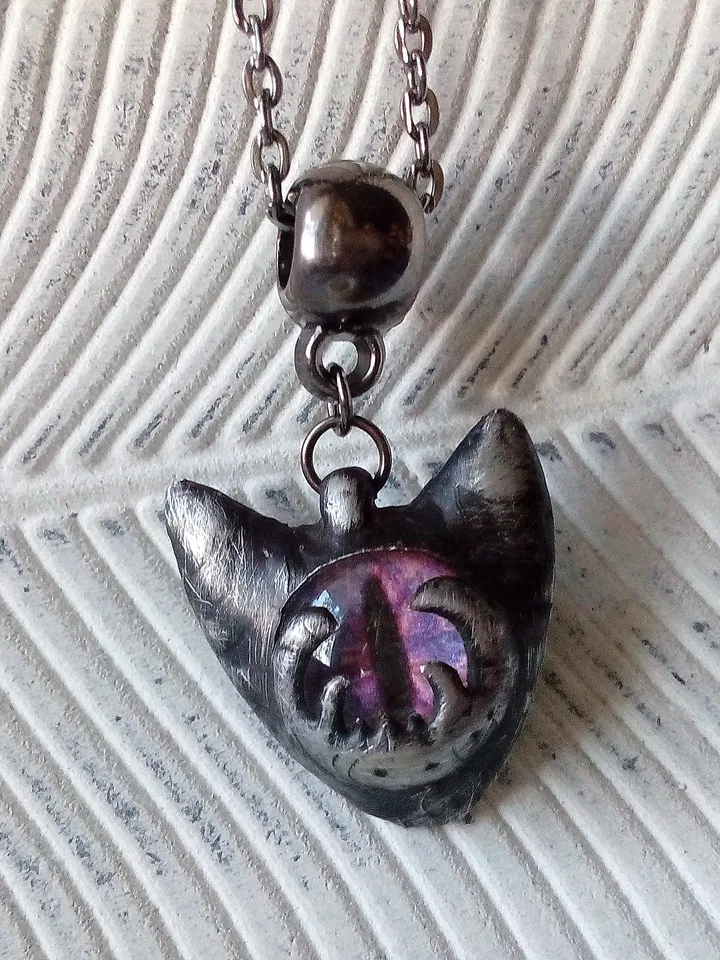 CAT necklace, cat eye tin soldered pendant, cat lovers jewelry, Halloween necklace, witchy aesthetic, goth bat pendant