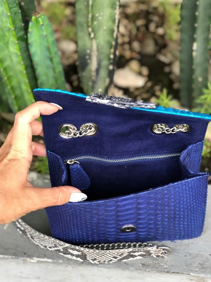 Small Blue Genuine Python Skin Crossbody Bag | Designer Leather Bag | Evening Chain bag | Exotic Leather Bag | Woman Evening Bag Light Blue
