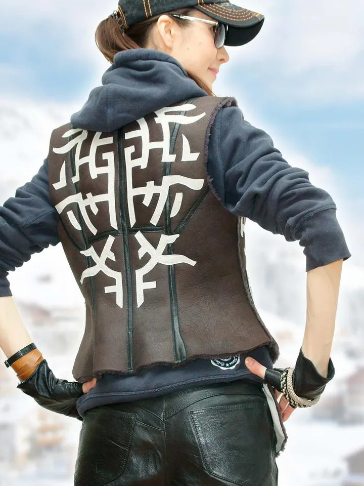 Vest Sleeveless and Bag of genuine fur sheepskin, decoration of real leather dark purple color. Handmade Fall waistcoat.