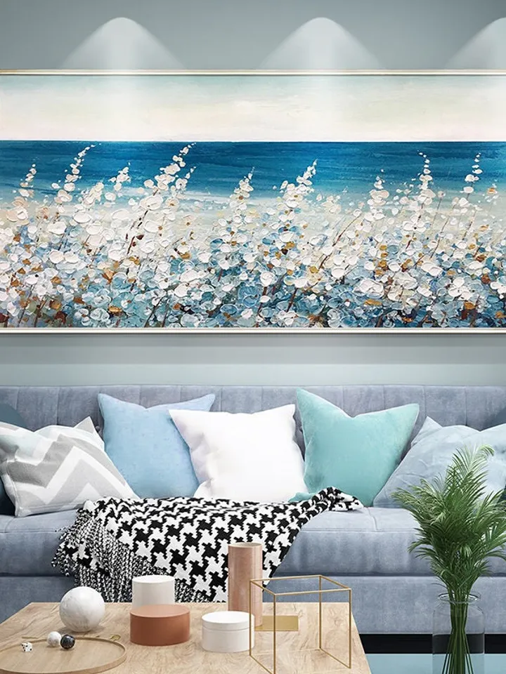 Original Flower Oil Painting On Canvas, Abstract Blud Sea Painting, Boho wall décor, Living Room Wall Art, Heavy Textured Impasto Painting