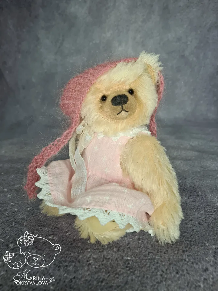 Mohair teddy bear in dress. Jointed bear toy. Handmade teddy bear. Artist bear.