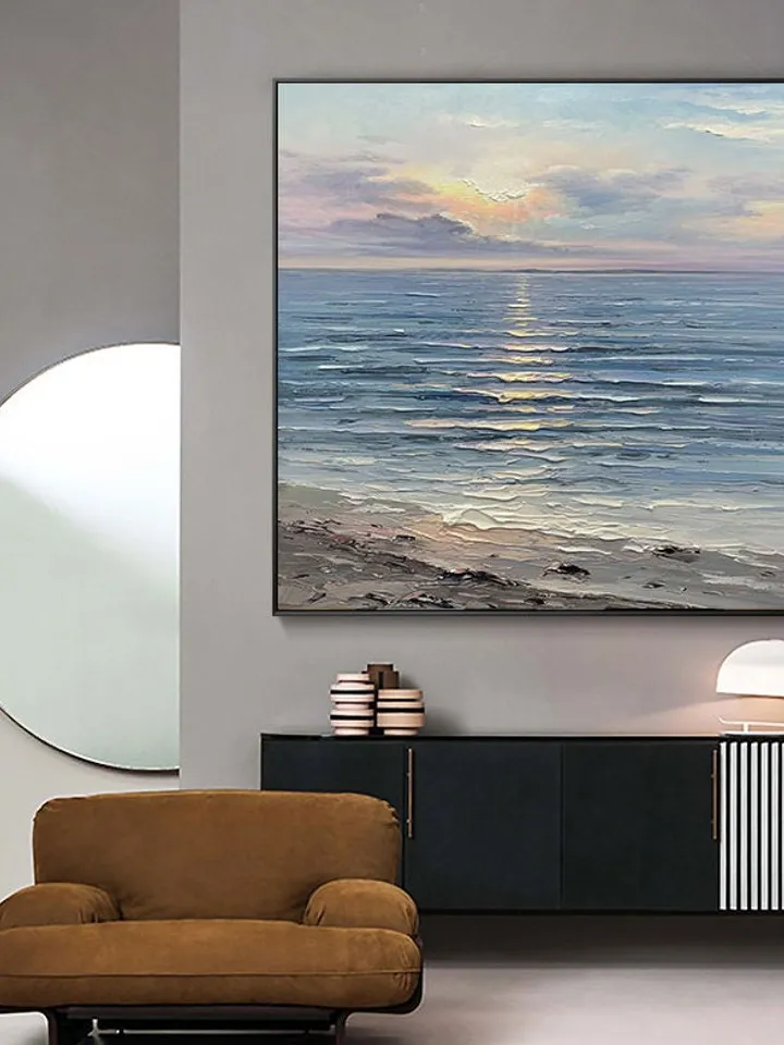 Original Oil Painting on Canvas Sea Landscape Painting,Large Wall Sky Sea Painting,Sea Level Painting Of Sunrise Landscape Large Wall Art