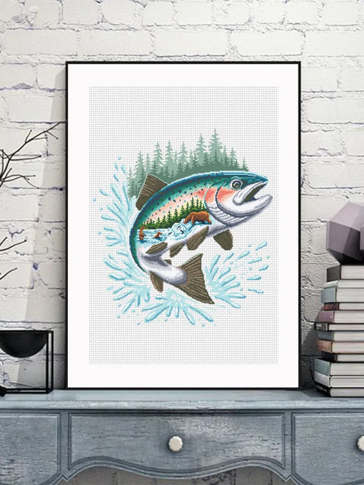 Salmon Fish cross stitch pattern PDF download Katmai national park cross stitch chart, Bears catch fish, Nature landscape pattern PDF #L80