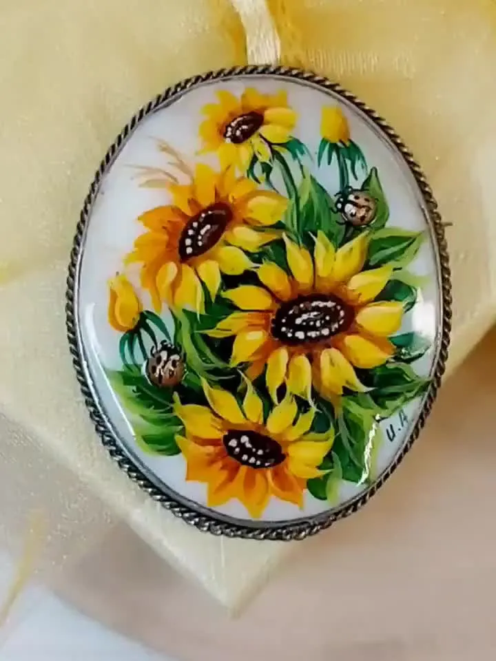 Brooches for women: Gorgeous sunflower pearl brooch with ladybug on the leaf handmade sun flower jewelry, miniature floral painting on shell