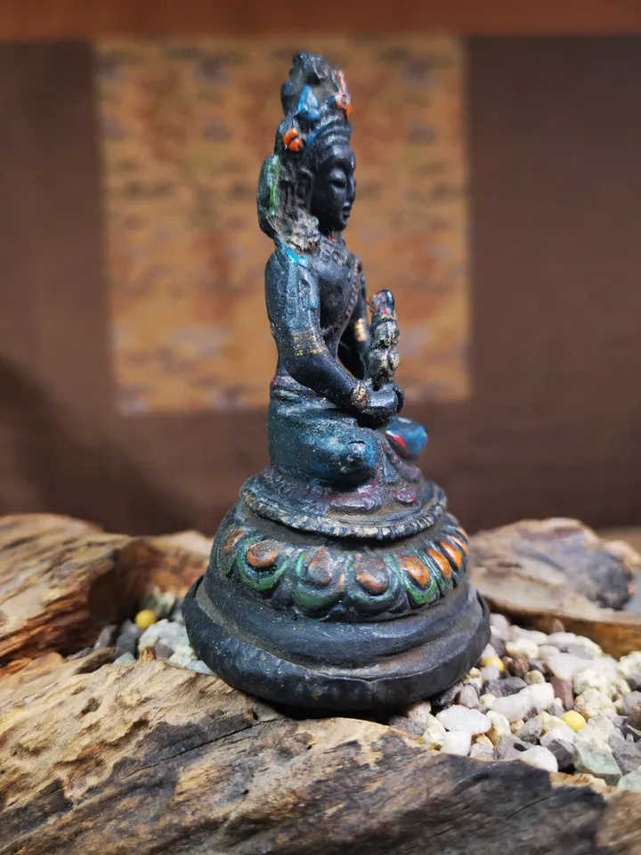 Gandhanra Antique Colored Tibetan Statue,Amitayus,Buddha of Longevity,80 Years Old