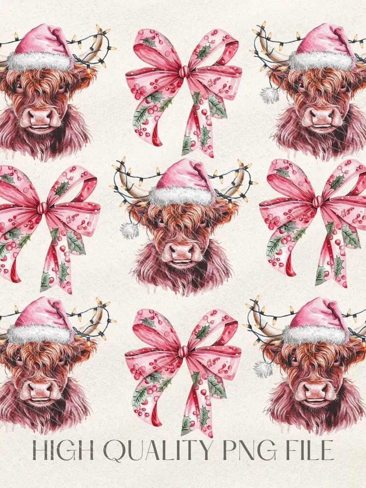 Highland Cow png,Christmas Lights PNG,Farm Animal Christmas PNG,Farmer Christmas png, Western png, Christmas png, pink country Christmas png