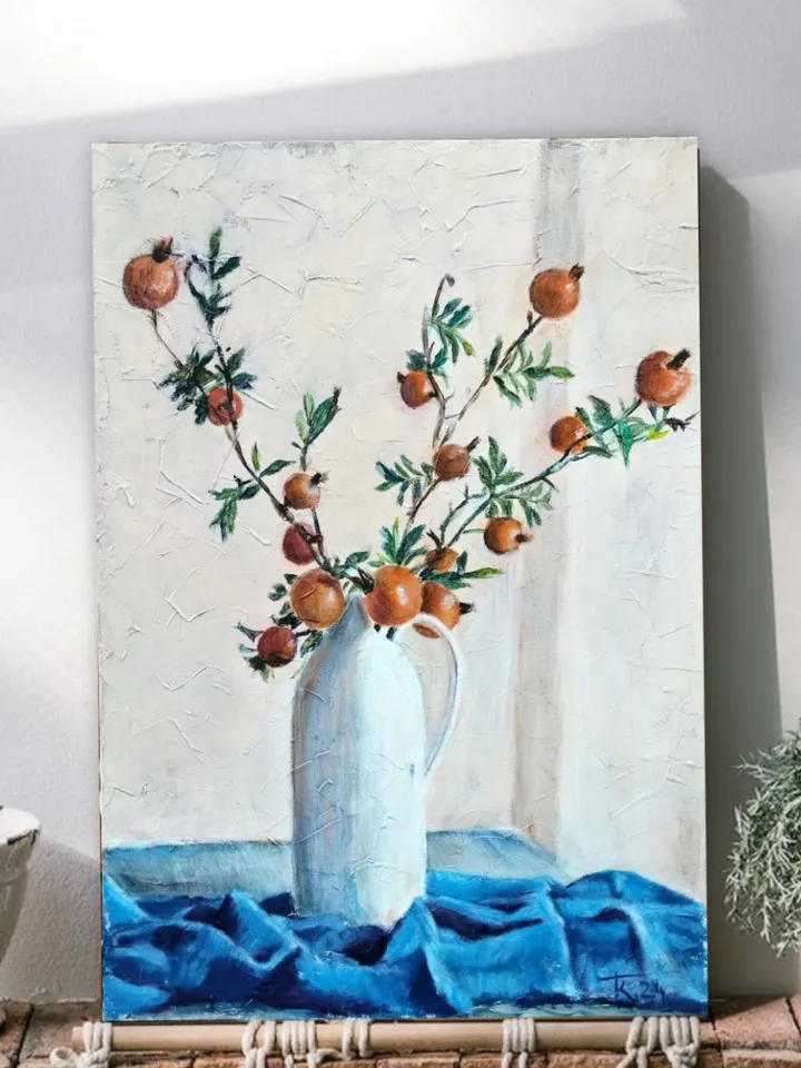 Painting with flowers with oil paints on canvas 60x40cm
