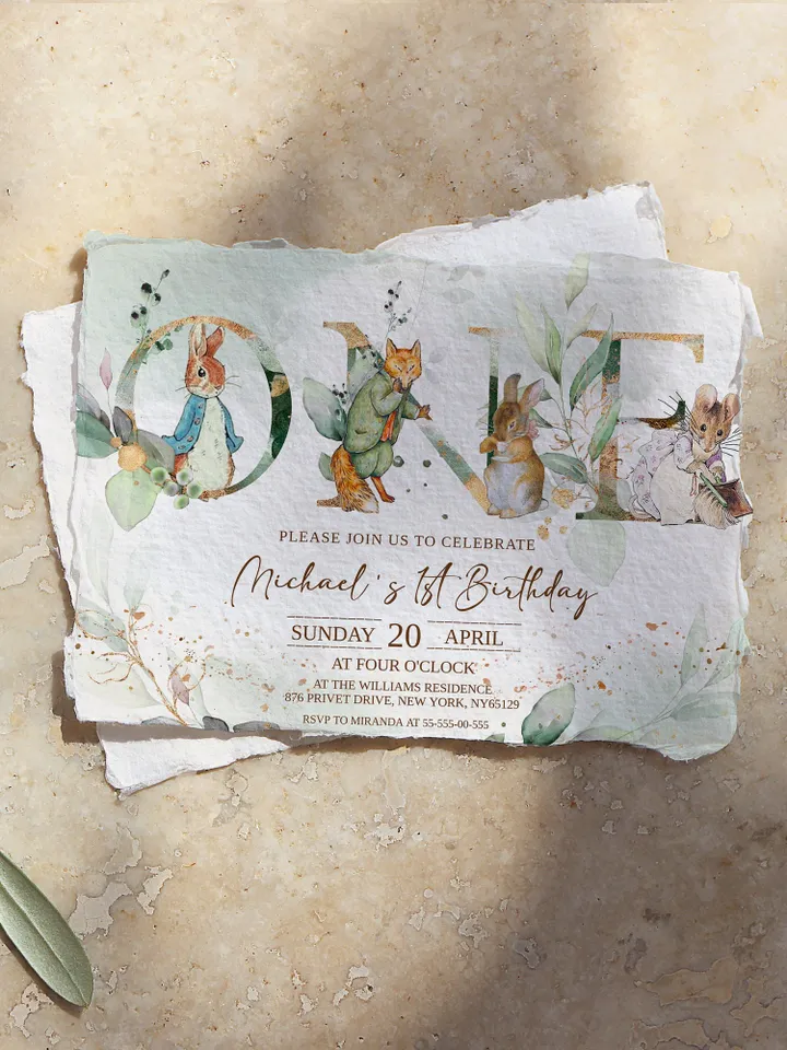 Rustic Peter Rabbit First Birthday Invitation Template;  Spring Bunny Classic Peter Rabbit Birthday Invitation  Handdrawn Peter Rabbit