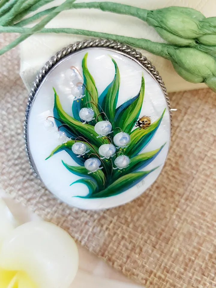 Brooches for women: Lily of the valley and Ladybug on Handmade jewelry brooch, hand painted shell brooch with May flower and lady beetle