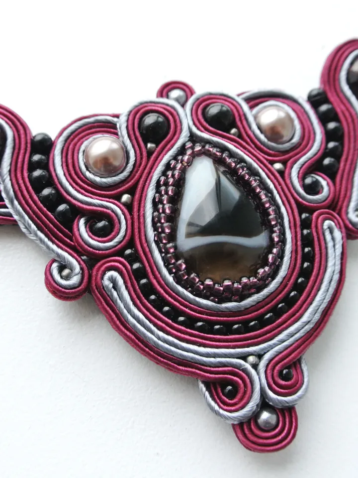 Burgundy necklace with Agate stone, Soutache Embroidered statement necklace