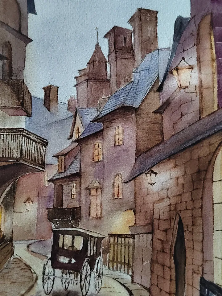 Original Watercolor Painting Victorian Urban Landscape Art English street Artwork 30x38 cm by SoftWaves