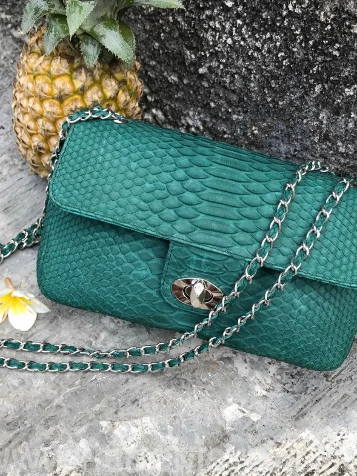 Dark Green Genuine Python Skin Crossbody Chain Bag | Bright Summer Bag | Elegant Women Bag | Chain Strap Crossbody Deep green classy Purse
