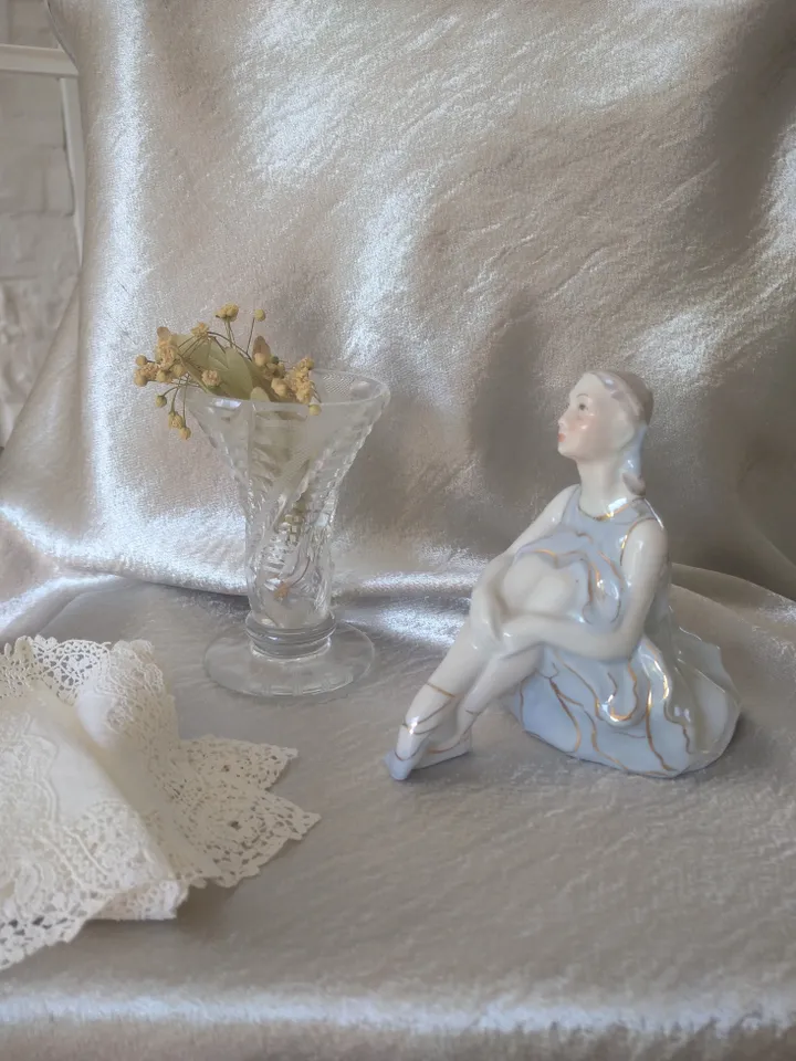 Oil painting, still life with a ballerina figurine, vase and delicate lace handkerchief. Vintage things. Miniature oil painting 12x12 inches