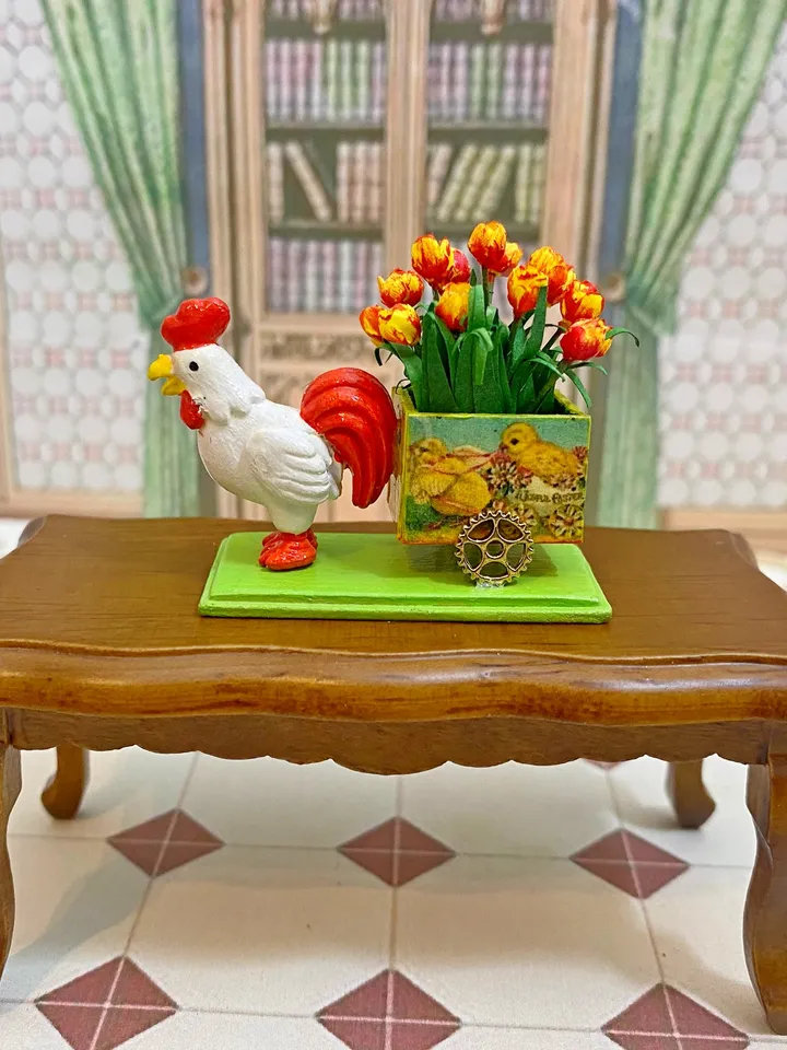 Easter miniature. Cockerel with a cart of tulips. 1:12.