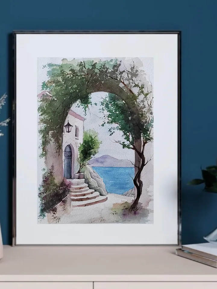 Greek Landscape Artwork Original Watercolor Painting Arch & Grape Vine 8.27x11.42 in by Art Café